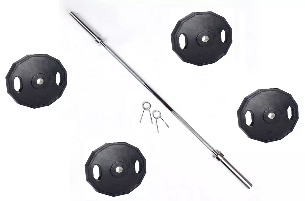 Pro Fitness 6FT Olympic Bar and 80kg Bumper Rubber Plates 2" + Spring Collars