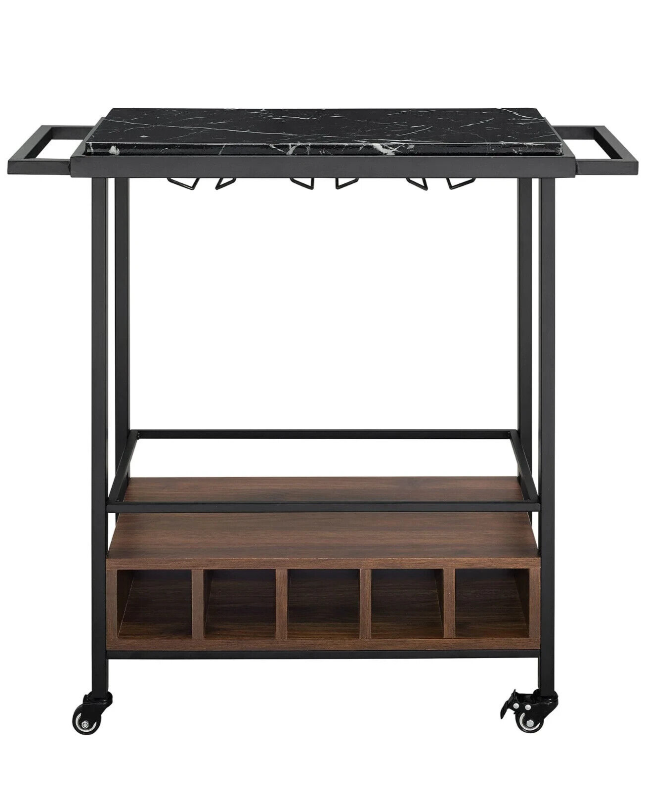 34 Inch Modern Industrial Bar Serving Cart - Black Marble/Dark Walnut