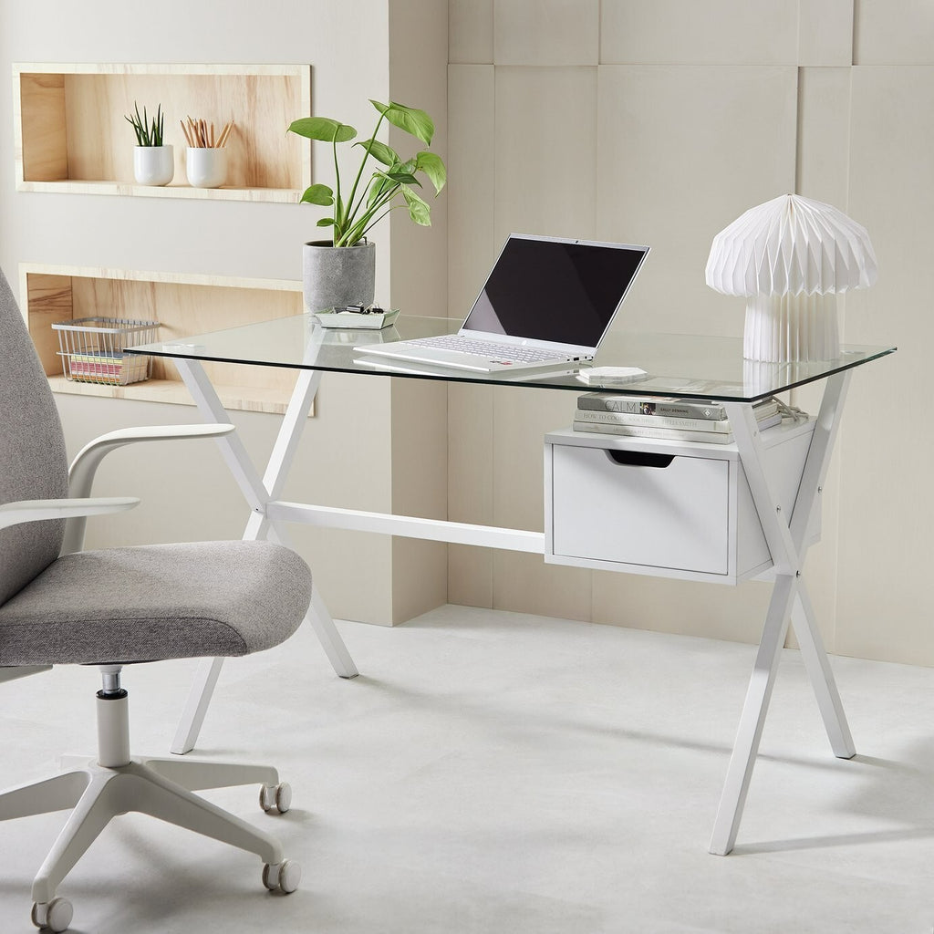 Habitat Dria 1 Drawer Office Desk White | Modern Glass Top Steel Frame Home Work