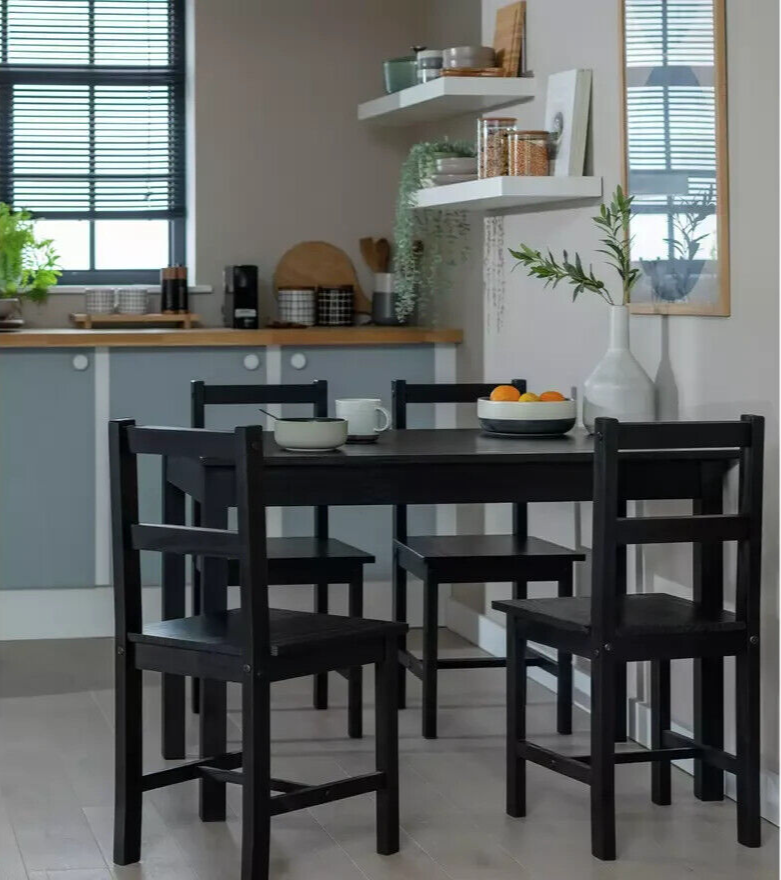 Raye Dining Table and 4 Chairs Set Wooden 118cm - Black For Dining Room Kitchen