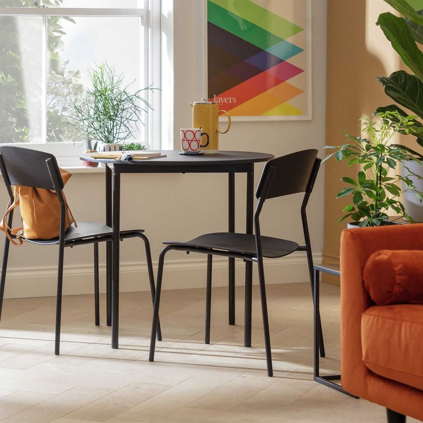 Stella Round Modern Dining Table and 2 Black Chairs 80cm - Wood Effect