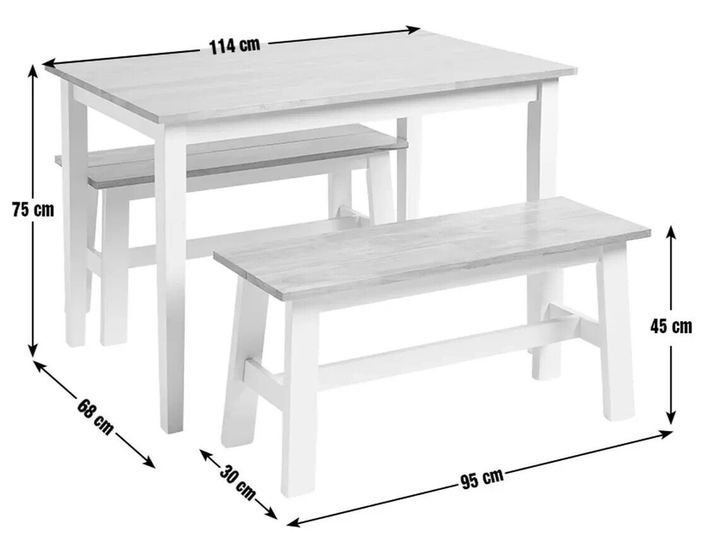 Chicago Solid Wood Table & 2 Off White Benches