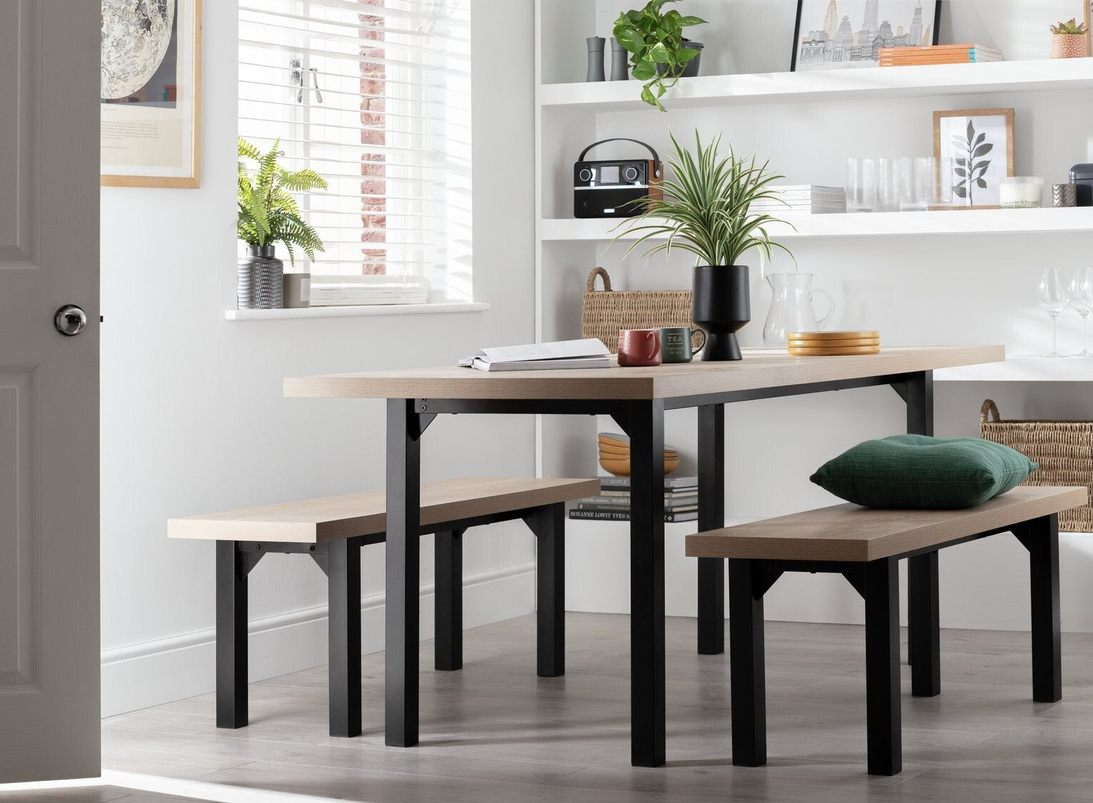 Habitat Zayn Wood Effect Dining Table & 2 Natural Benches