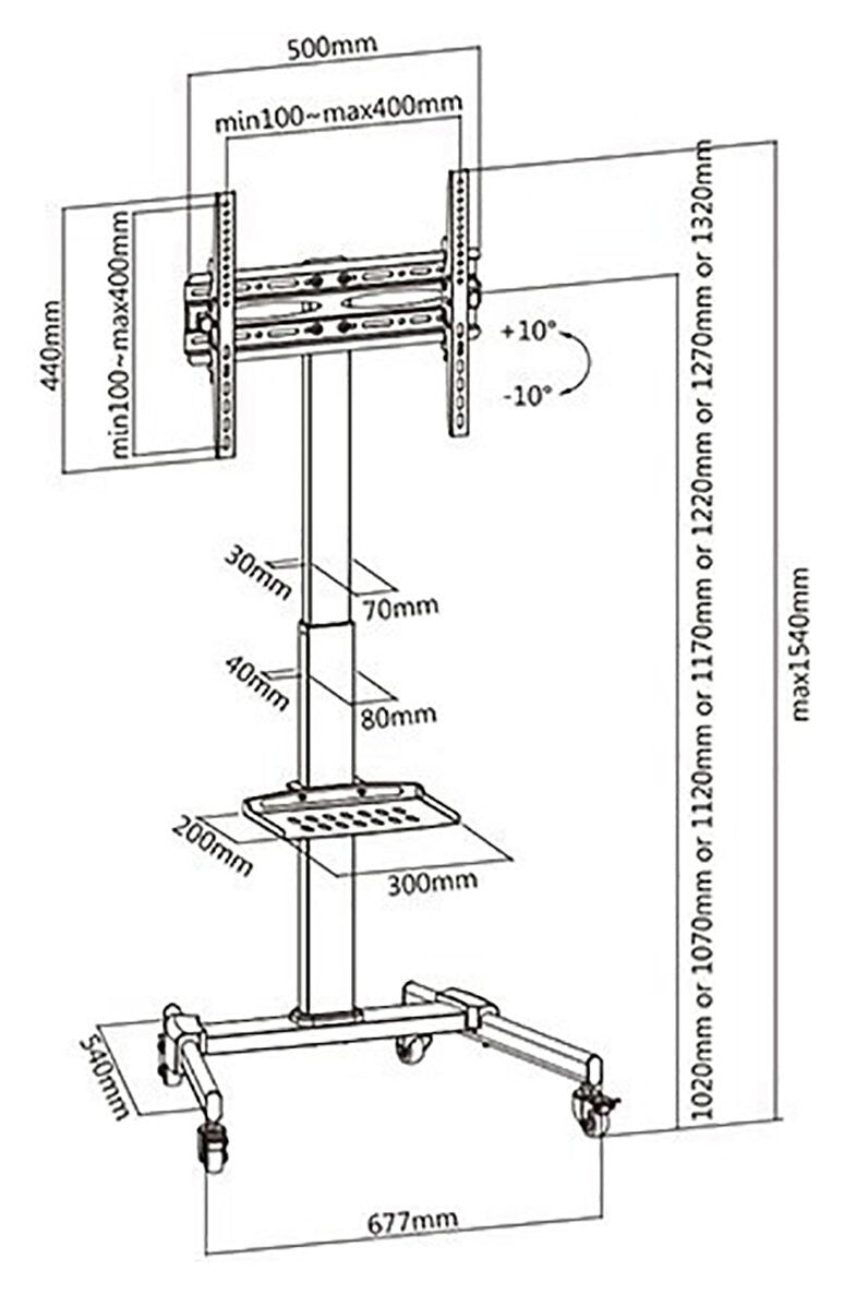 ProperAV Mobile TV Stand on Wheels Up to 55 Inch Black | Adjustable Rolling Cart