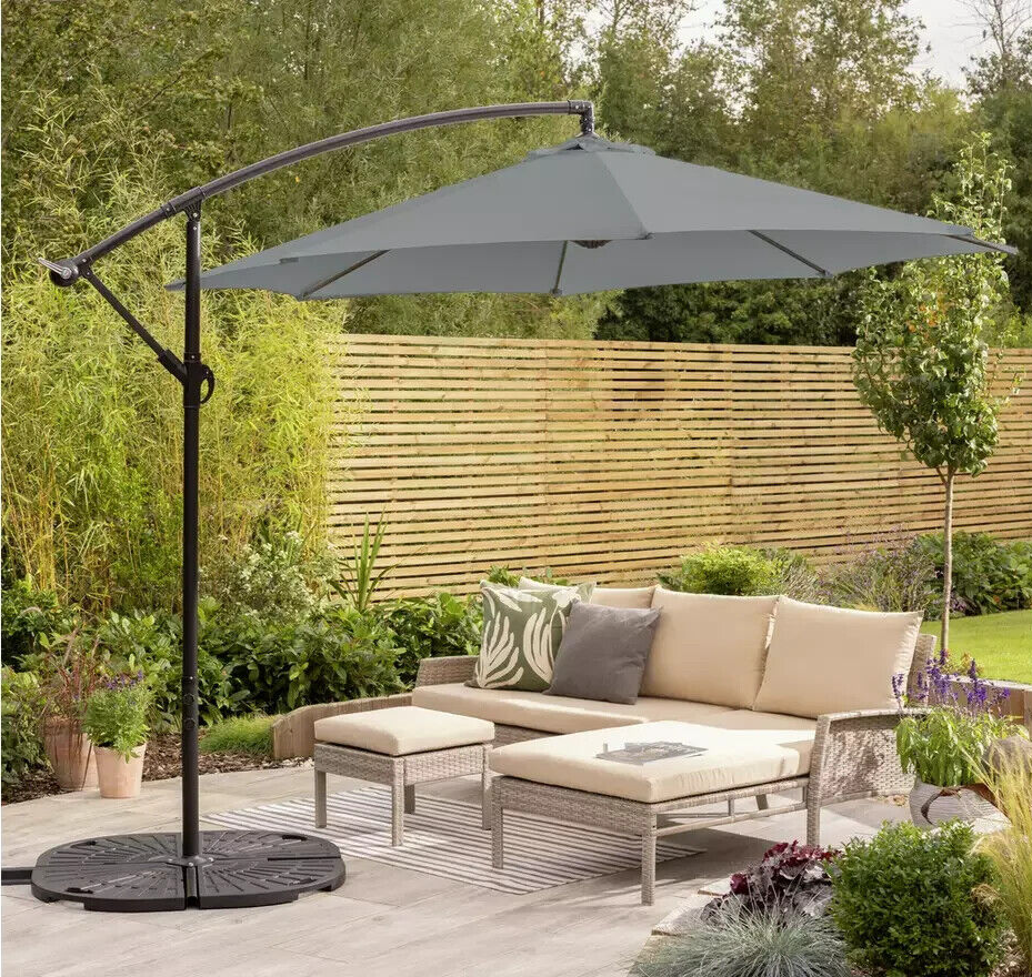 Home 3m Overhanging Garden Parasol - Grey | Outdoor Patio Shade Sun Umbrella