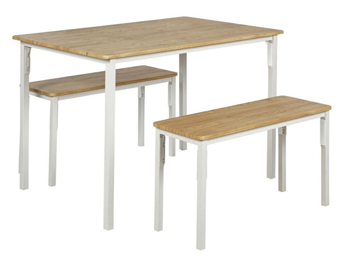 Home Bolitzo Oak Dining Table & 2 White Benches | Sturdy Kitchen Furniture Set