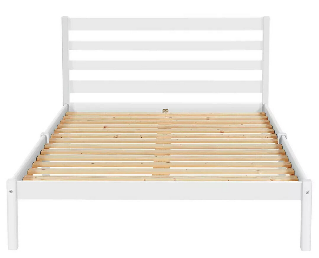 Home Kaycie Double Wooden Bed Frame - White | Sturdy Solid Wood Bed for Bedroom