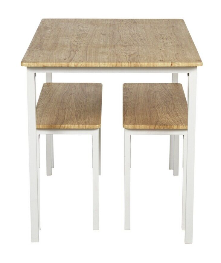 Home Bolitzo Oak Dining Table & 2 White Benches | Sturdy Kitchen Furniture Set