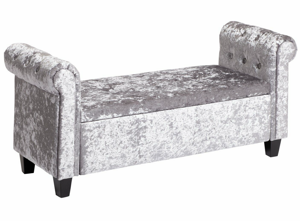 Crushed Velvet Ottoman Silver | Luxurious Storage Bench with Padded Lid and Butt