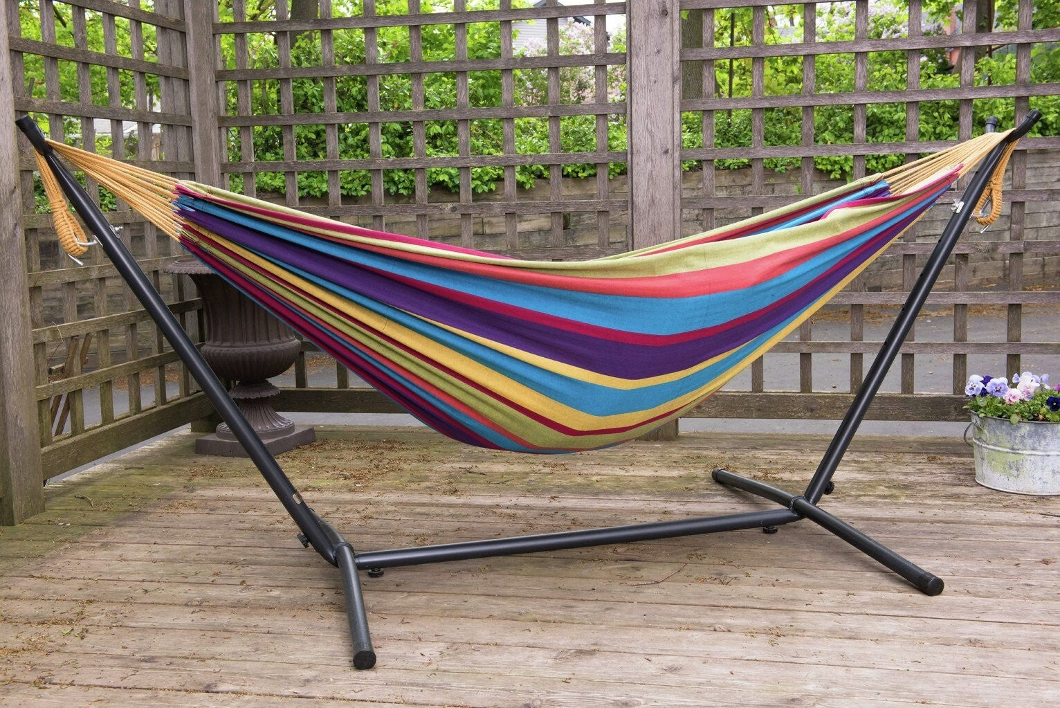 Vivere Double Cotton Hammock with Stand - Tropical | Garden Swing Bed, Outdoor