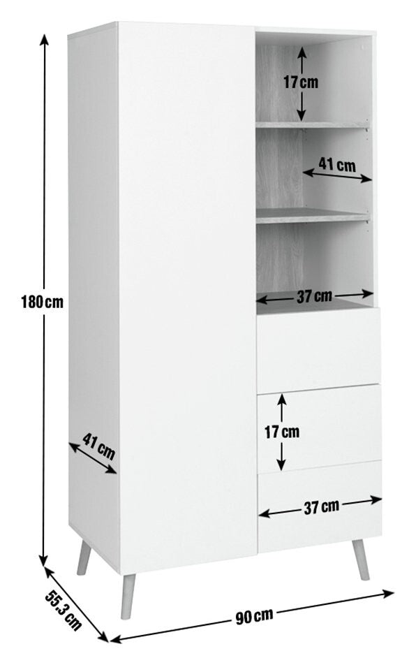 Skandi 1 Door 3 Drw Open Wardrobe -White Two Tone