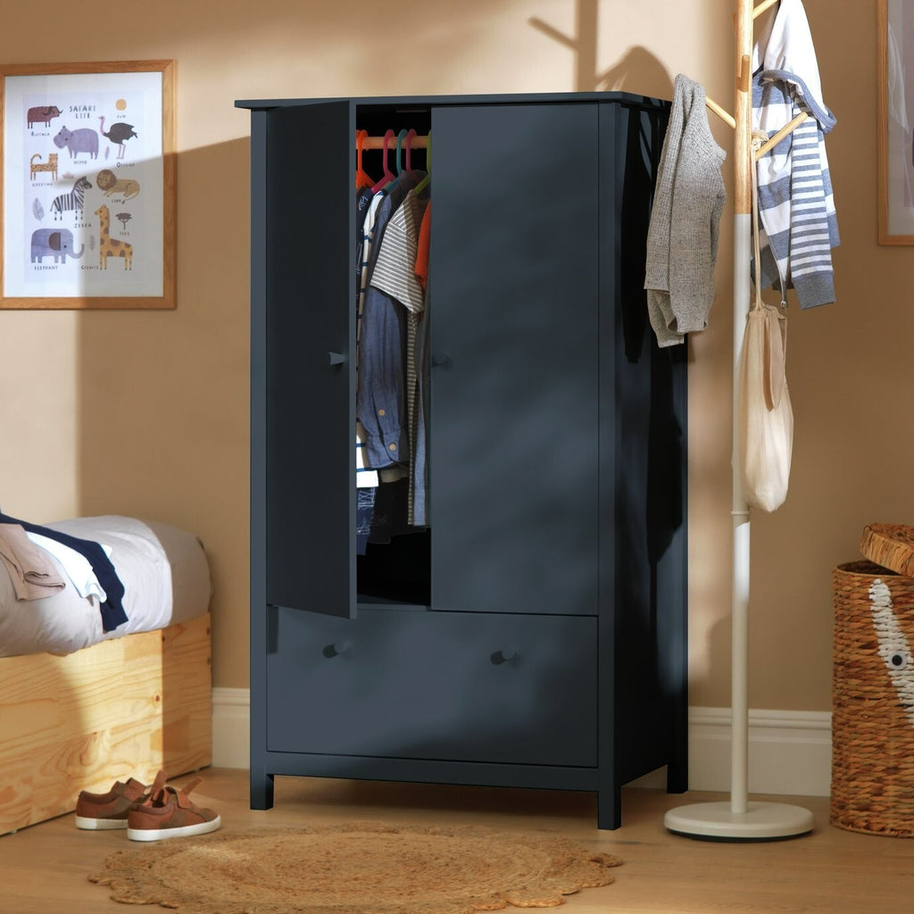 Scandinavia 2 Door 1 Drawer Wardrobe - Navy Blue | Solid Pine Wardrobe, Bedroom