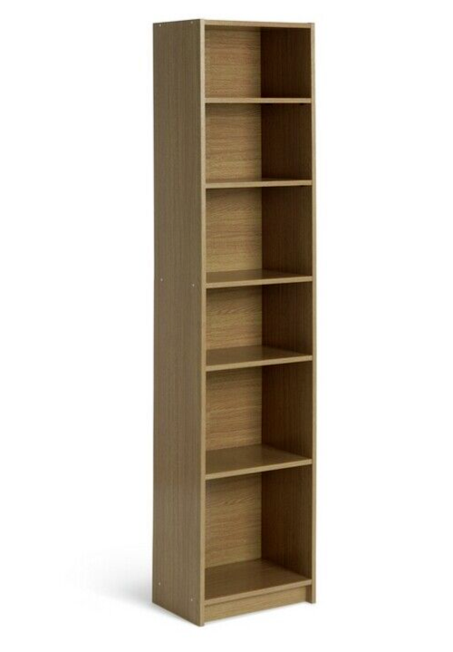 Maine Narrow 6 Shelf Bookcase - Shelving Storage Unit Display Cabinet - Oak