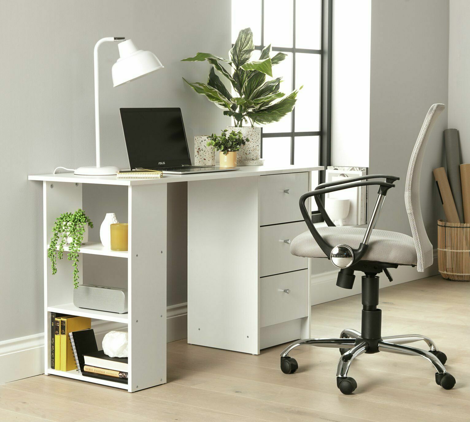 Home Malibu 3 Drawer Office Desk - White | Storage Desk for Home Office or Study