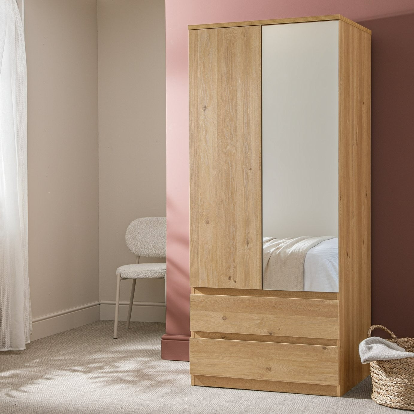 Jenson 2 Door 2 Drawer Mirror Wardrobe - Oak Effect | Mirror wardrobe oak finish