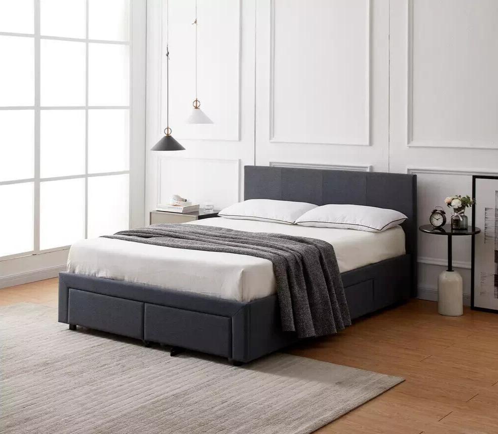 Heathdon 4 Drawer Kingsize Fabric Bed Frame- Grey