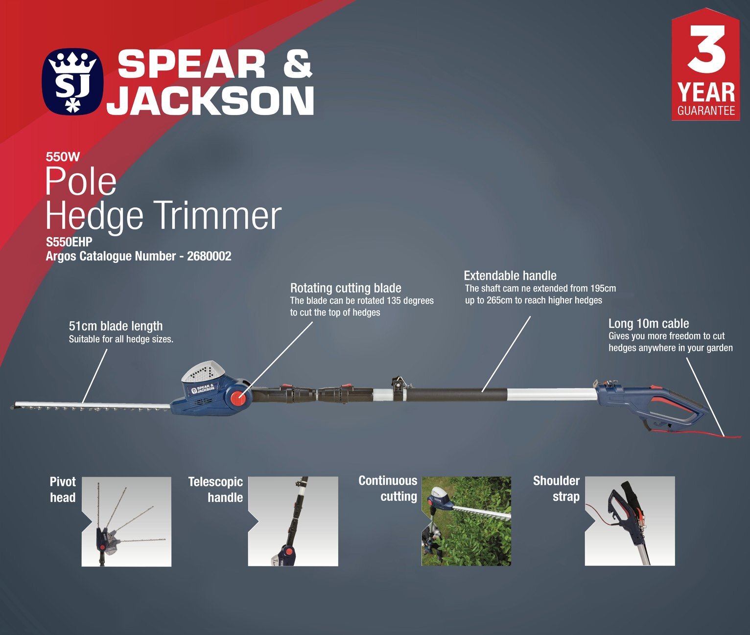 Spear Jackson 45cm Corded Pole Hedge Trimmer 550W | Garden Tool for Trimming