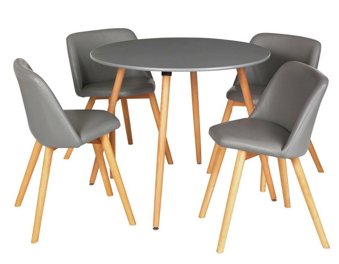 Habitat Quattro Modern Round Dining Table and 4 Chairs Grey Faux Leather Kitchen