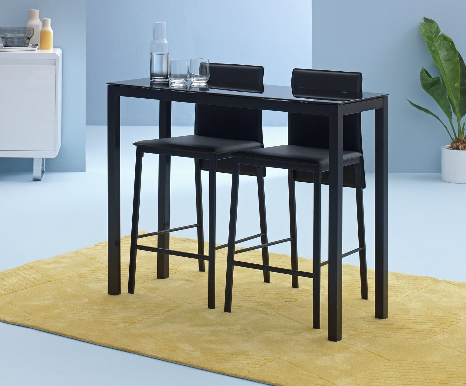 Lido Glass Dining Bar Table and 2 Chairs Black 110cm For Kitchen or Living Room