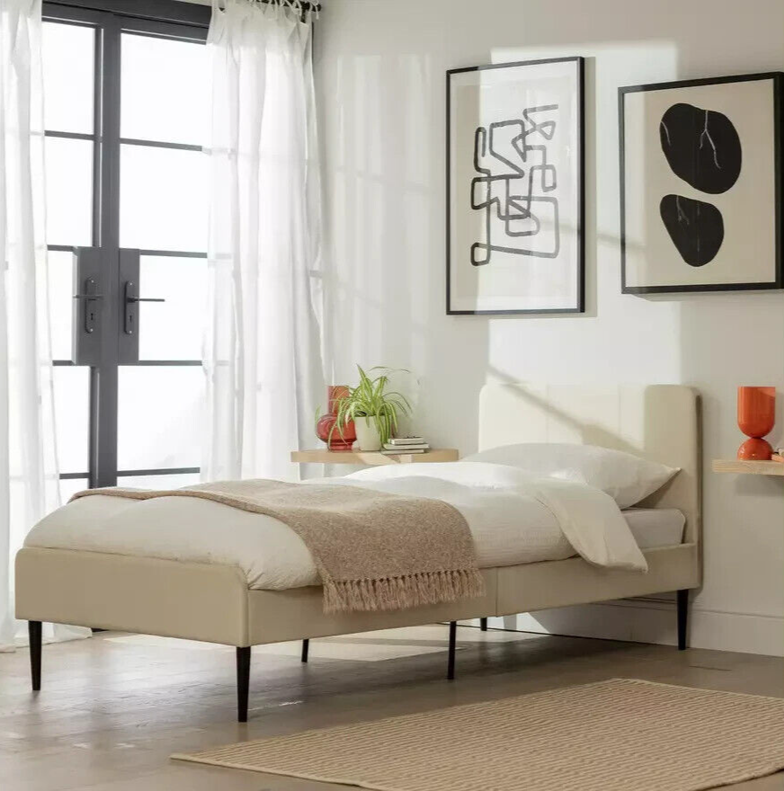 Kristopher Single Fabric Bed Frame - Cream | Upholstered Linen Look, Black Metal