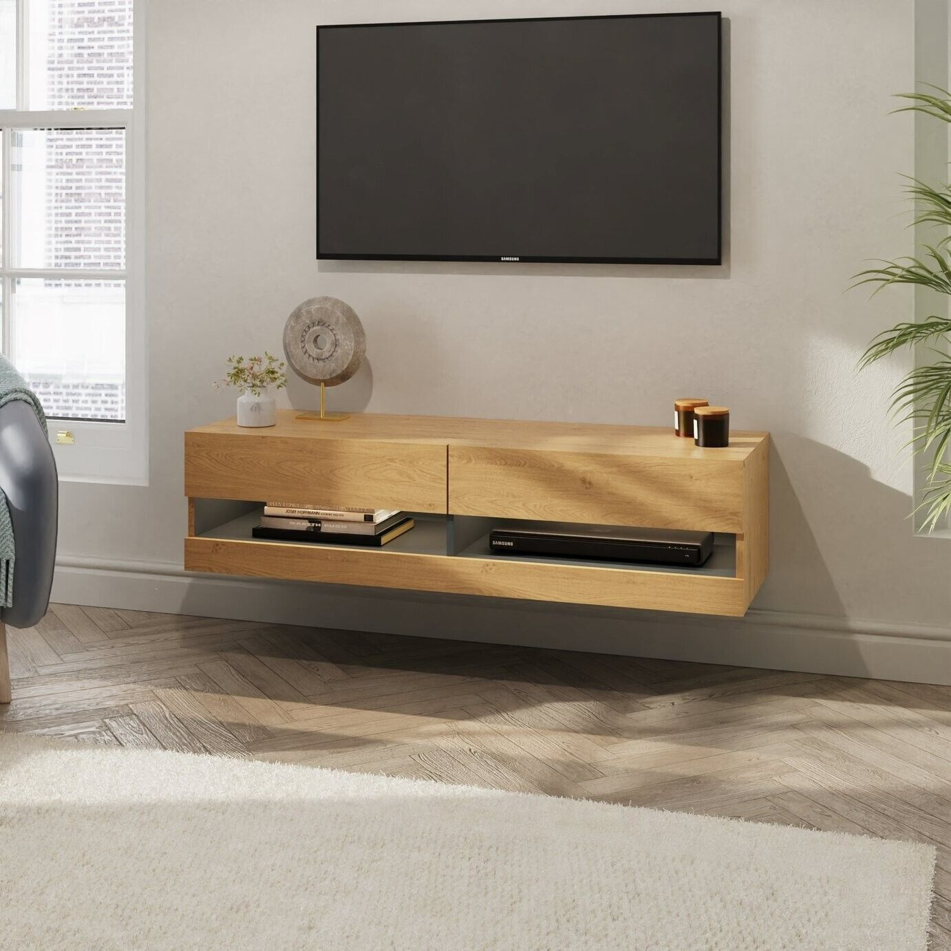 GFW Leon 120cm LED Wall TV Unit - Oak Effect