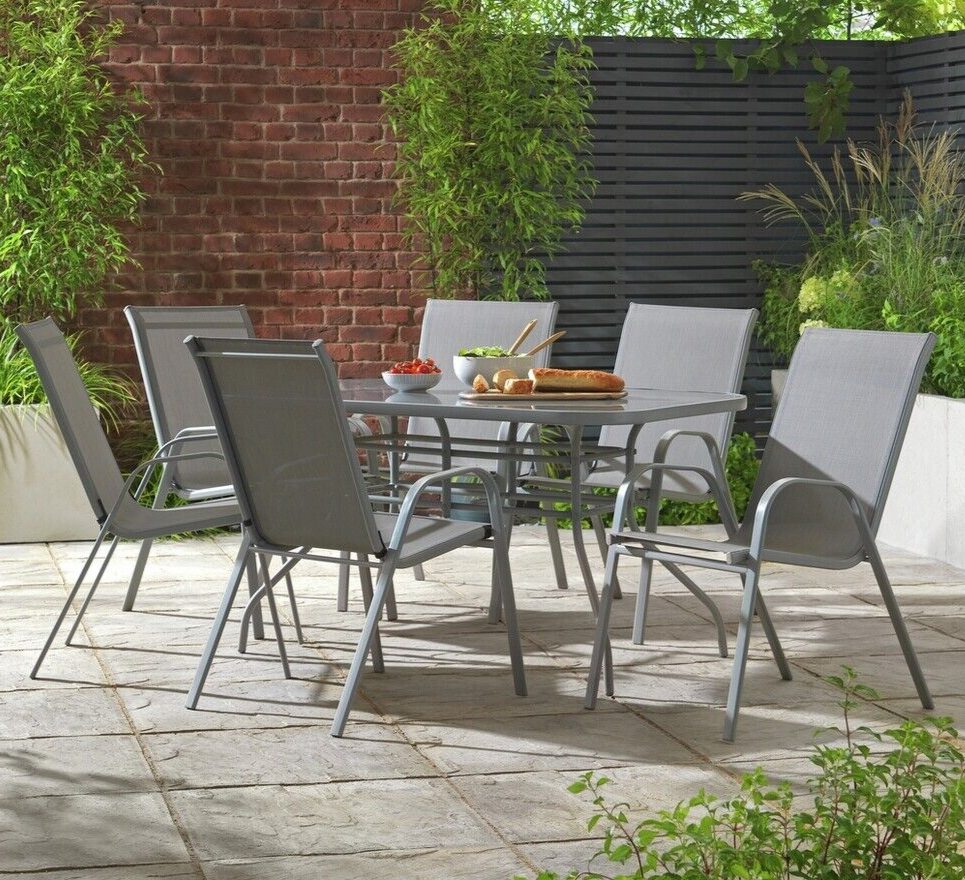 Home Sicily 6 Seater Metal Patio Set - Grey | Outdoor Garden Furniture Dining
