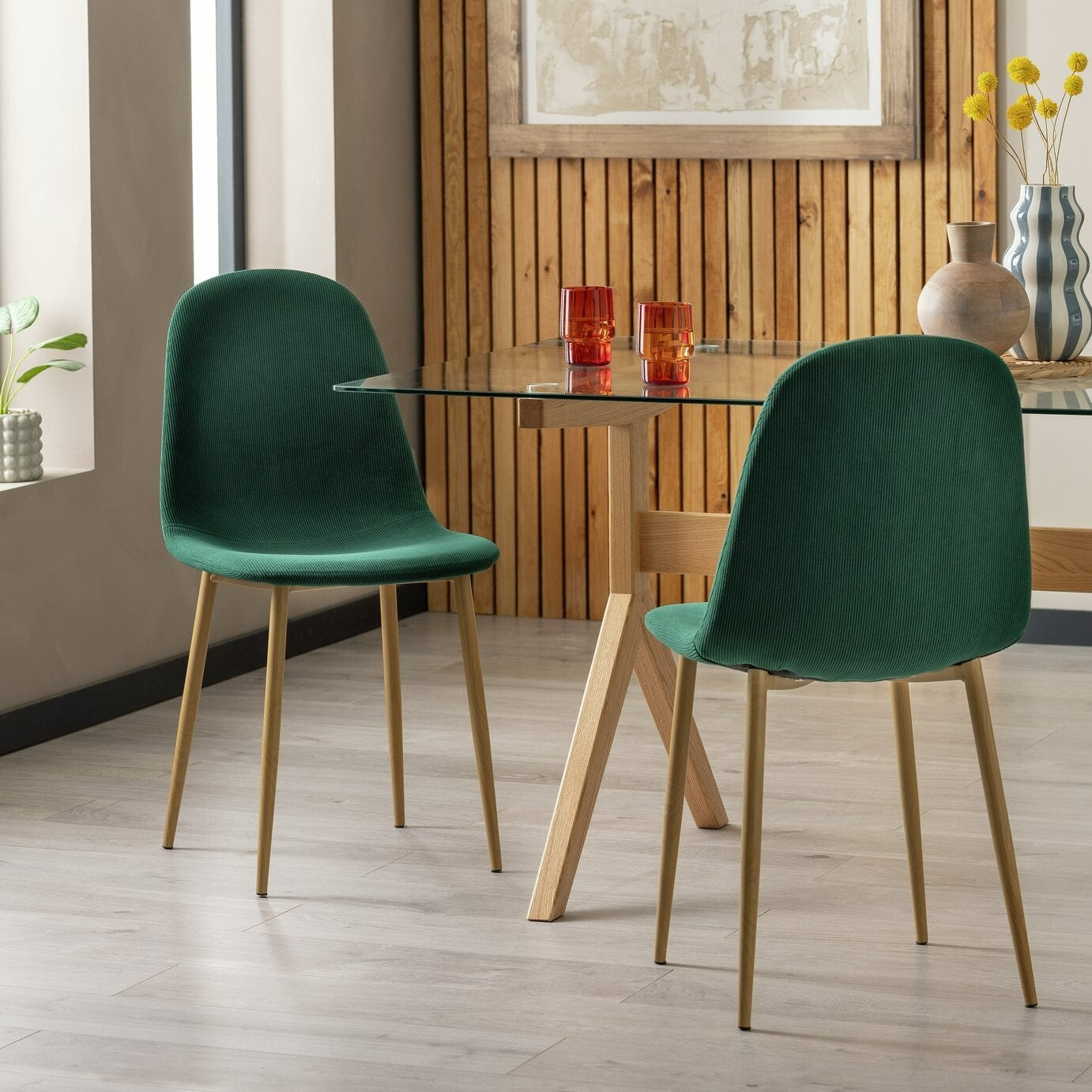Beni Pair of Corduroy Dining Chairs - Green