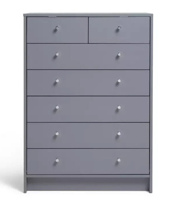 Home Malibu 7 Drawer Chest - Grey|Bedroom Storage Unit for Clothes & Accessories