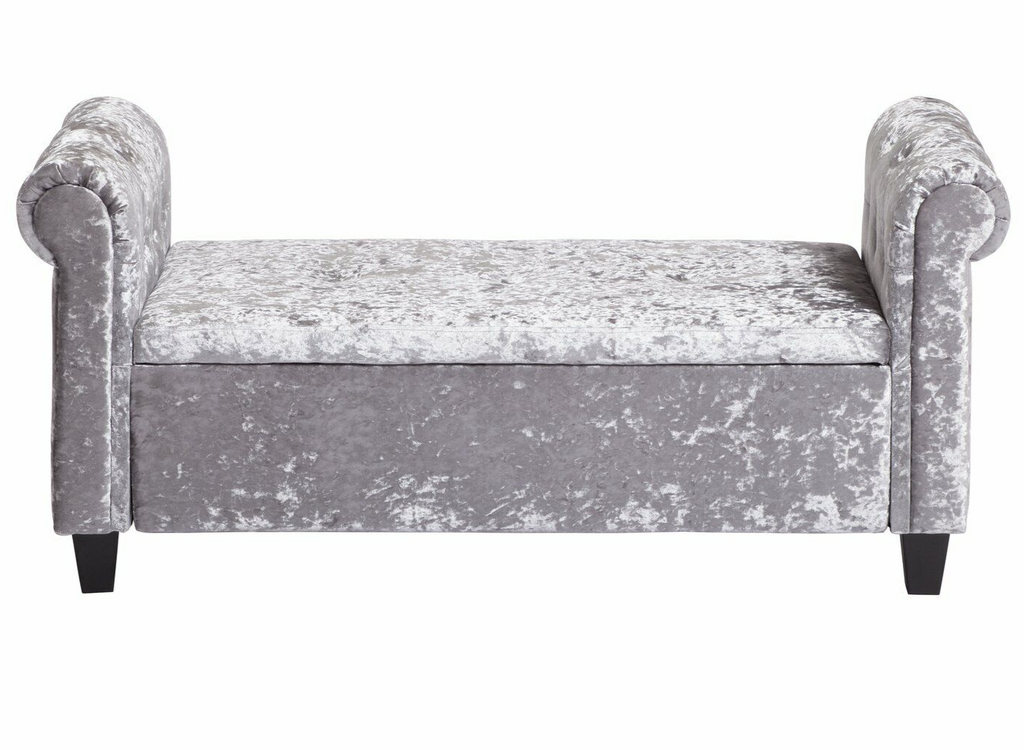 Crushed Velvet Ottoman Silver | Luxurious Storage Bench with Padded Lid and Butt