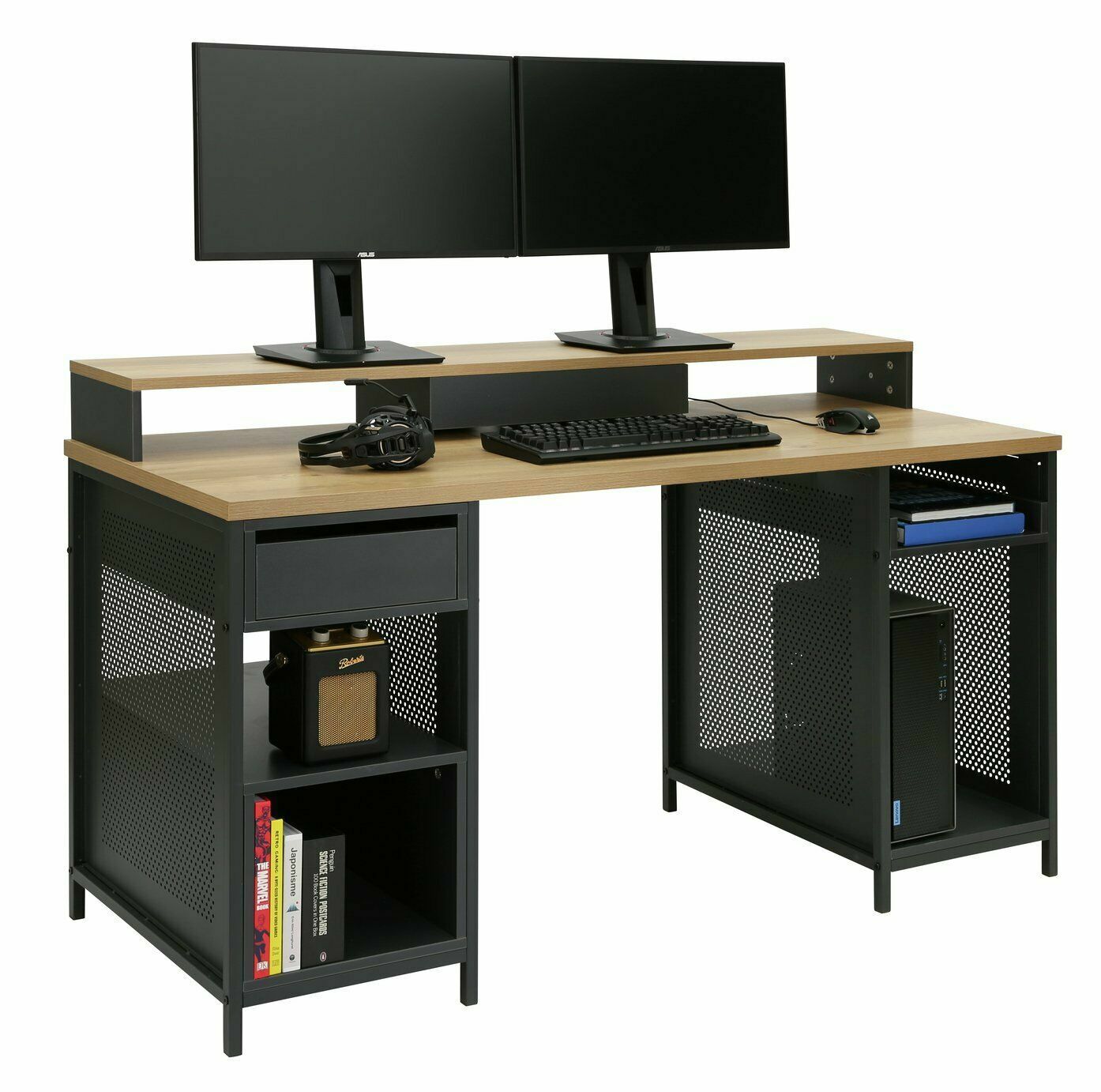 Home Modular 1 Drawer Gaming Desk - Oak Effect & Black | Study Workstation Table