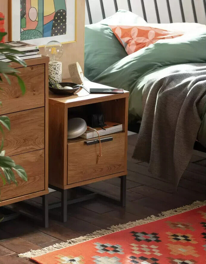 Habitat Nomad 1 Drawer Bedside Table Oak Effect | Industrial Nightstand Metal