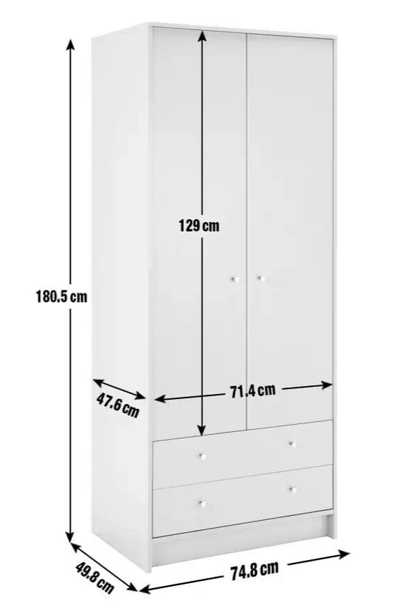 Malibu 2 Door 2 Drawer Wardrobe - Grey |Bedroom Storage Unit for Clothes & Shoes