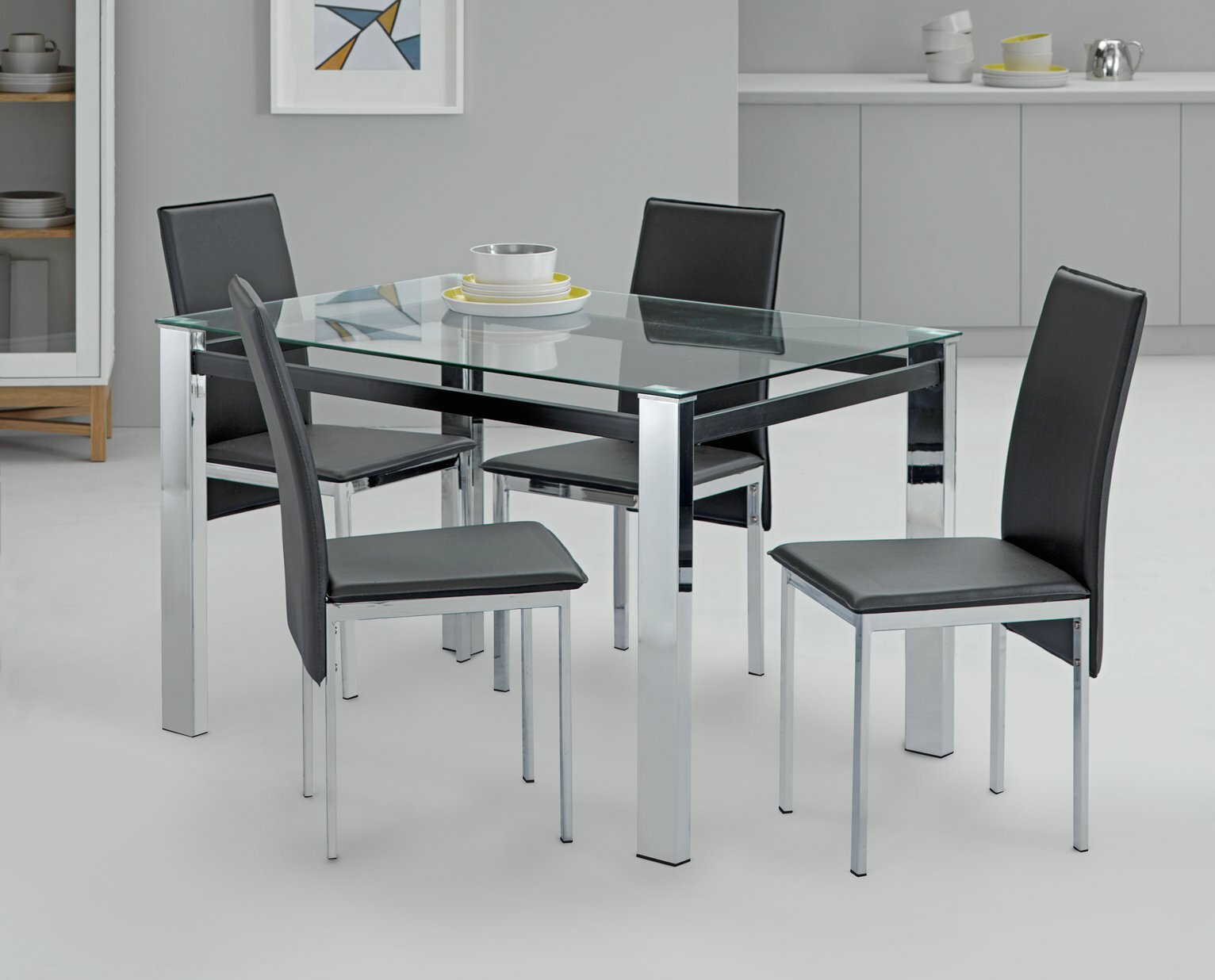 Home Fitz Glass Dining Table & 4 Black Chairs | Modern Kitchen Furniture Set
