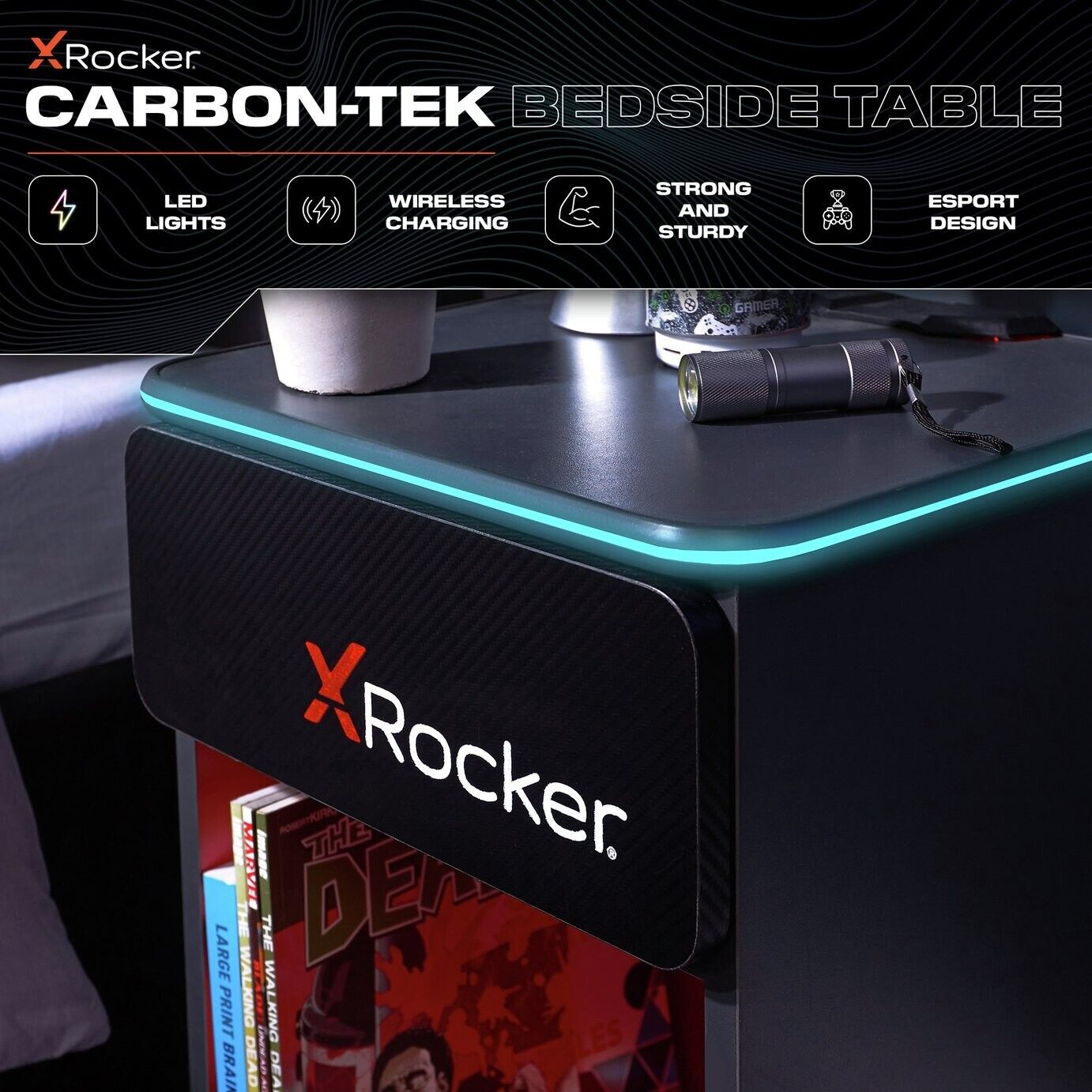 X Rocker Carbon Tek Wireless Charging Bedside Table - Red