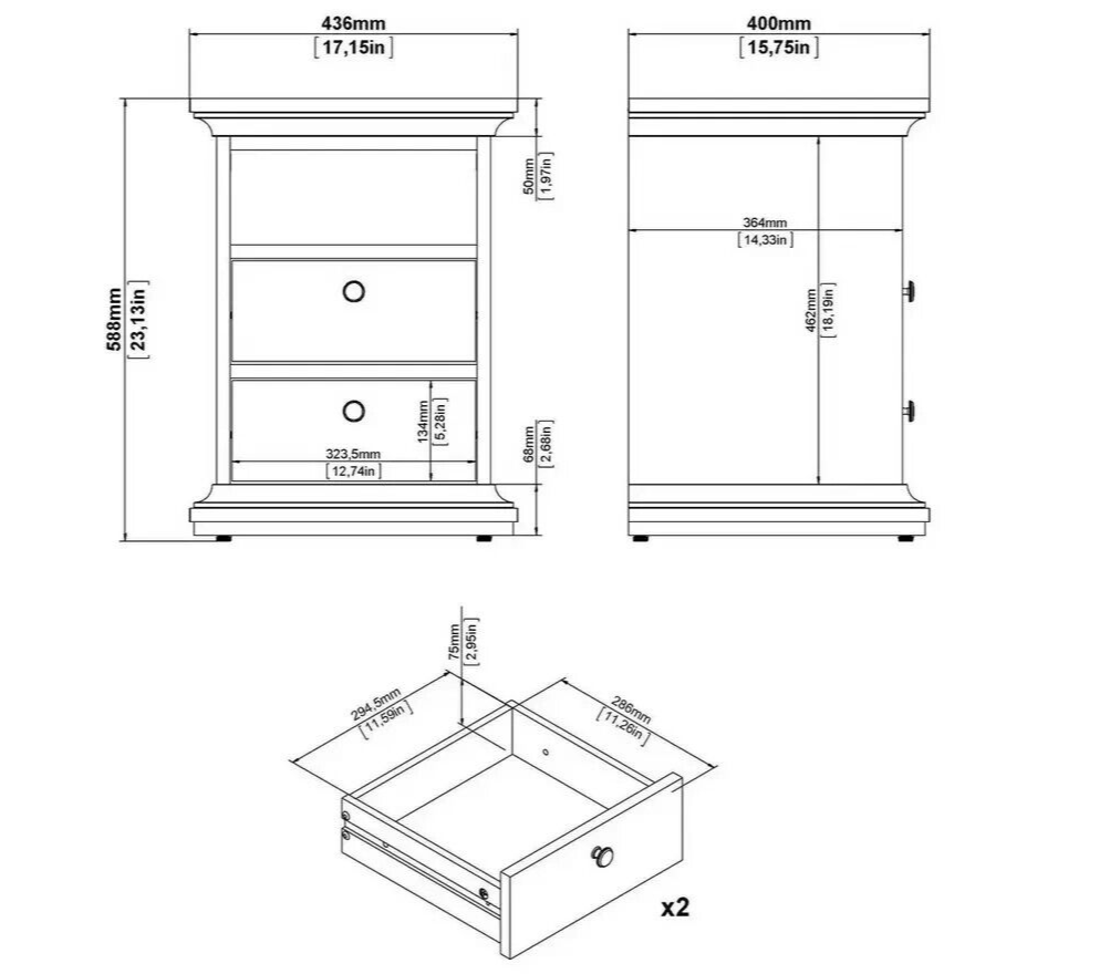 Paris 2 Drawer Bedside Table - Grey