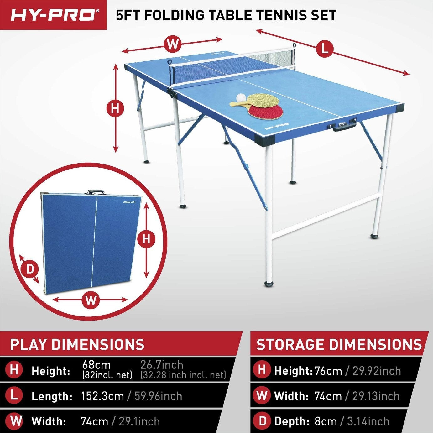 Hy-Pro 5ft Folding Table Tennis Table | Indoor Ping Pong Game Foldable Compact
