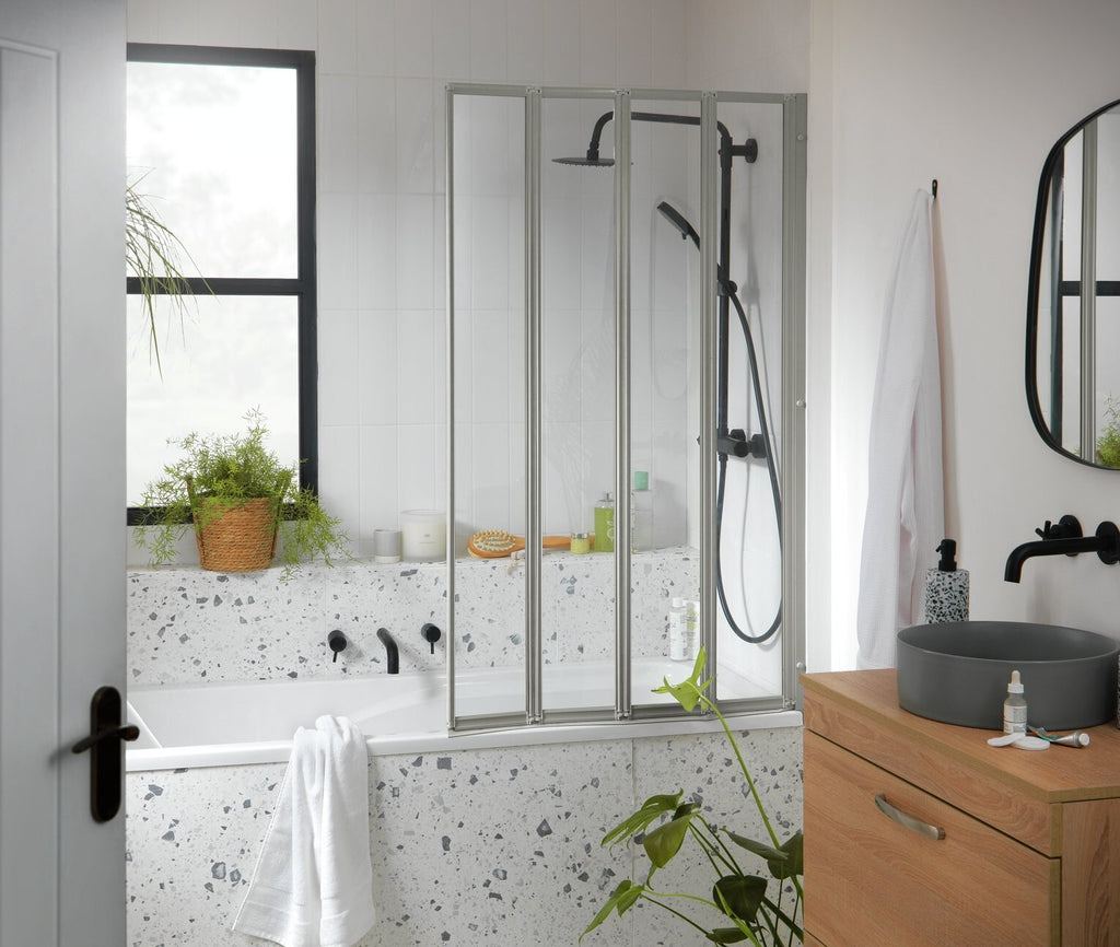 3mm 4 Fold Bath Screen Silver | Folding Shower Screen Toughened Glass Space