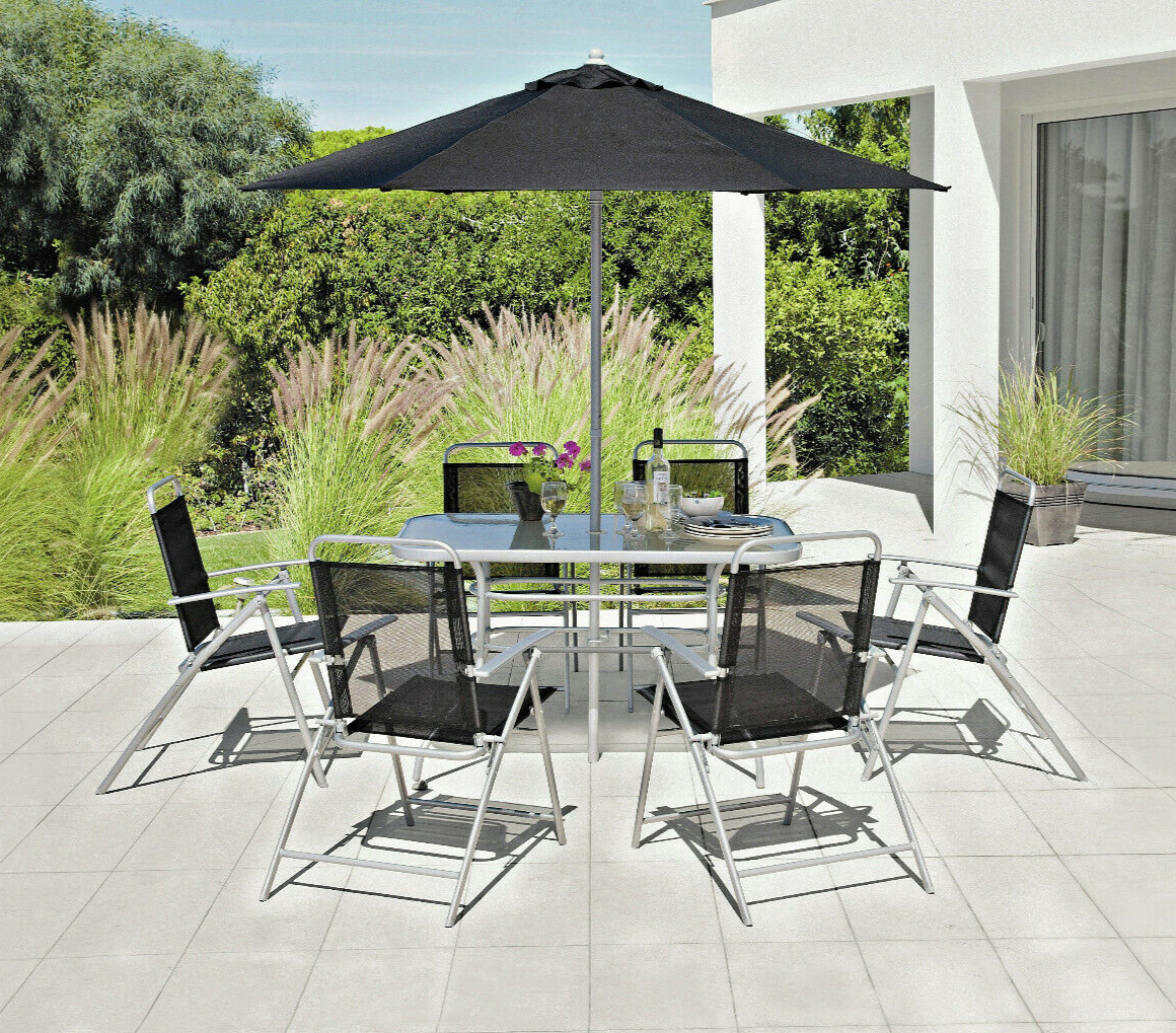 Home Pacific 6 Seater Folding Metal Patio Set - Black | Furniture With Parasol