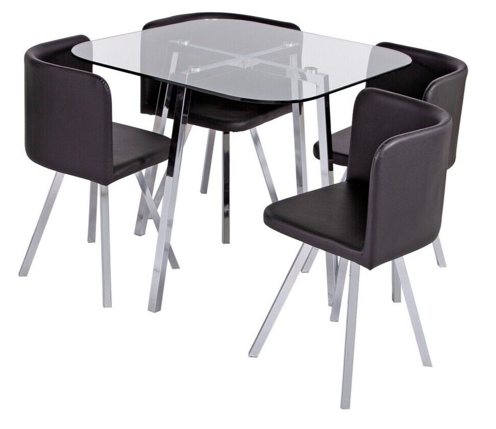 Elsie Glass Modern Dining Table 4 Chairs Black Faux Leather For Kitchen