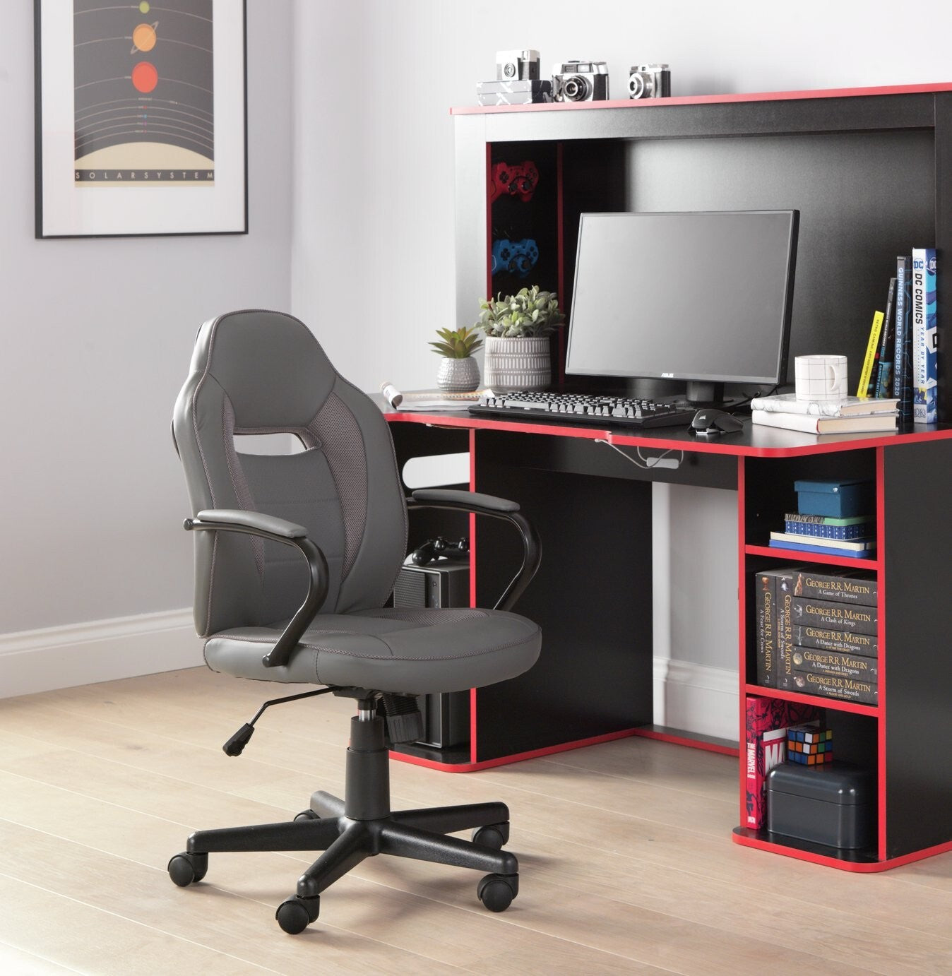 Faux Leather Gaming Chair Grey | Adjustable Swivel Tilt PC Ergonomic Comfort