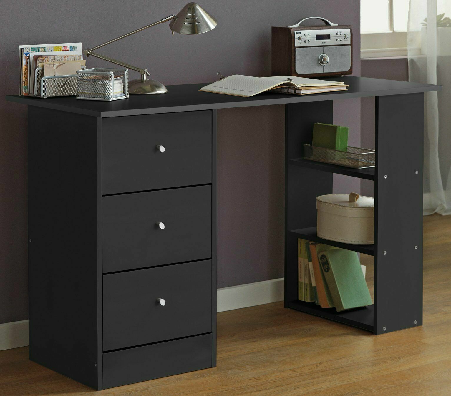 Home Malibu 3 Drawer Office Desk - Black | Study Desk with Storage Home Office