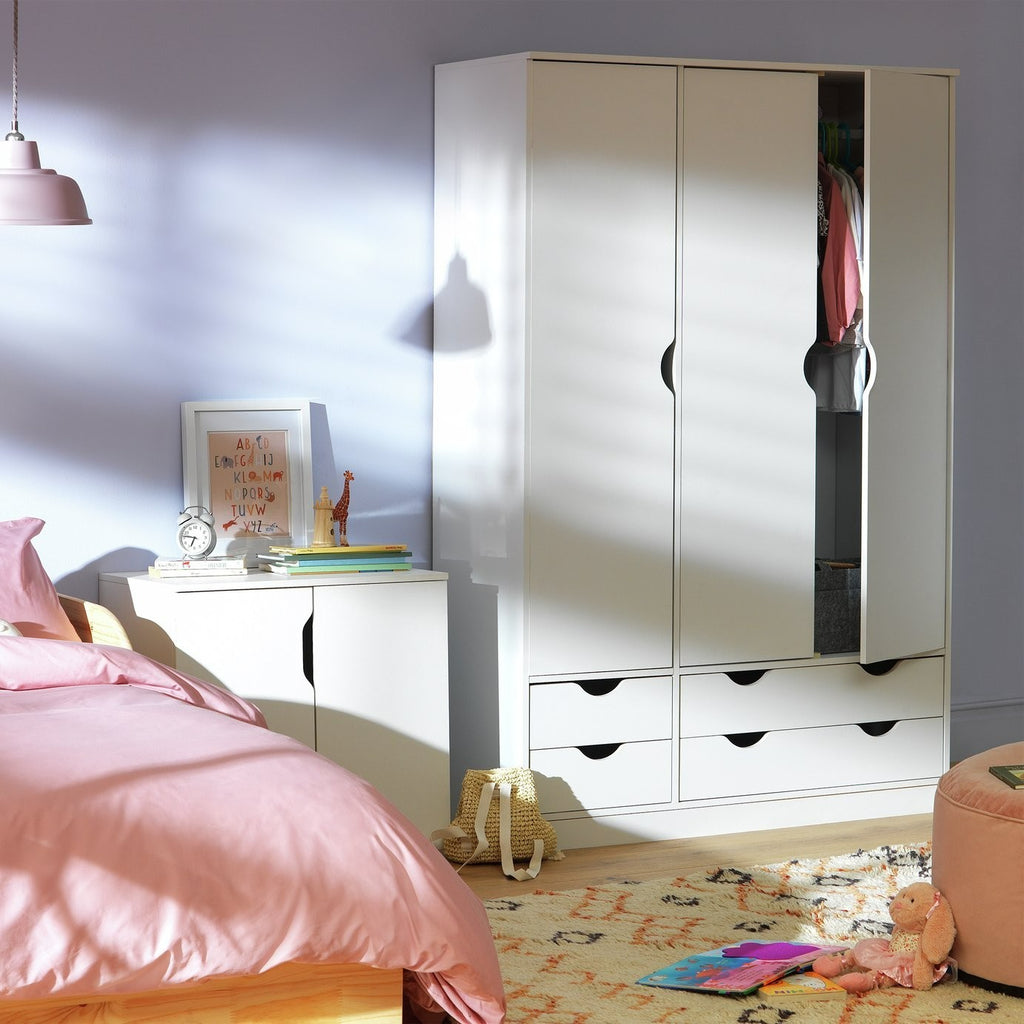 Kids Pagnell 3 Door 4 Drawer Wardrobe - White | large kids wardrobe