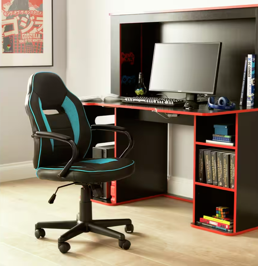 Faux Leather Mid Back Gaming Chair - Blue & Black