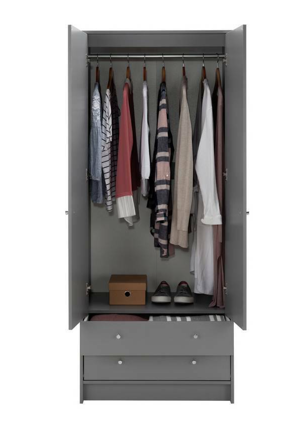 Malibu 2 Door 2 Drawer Wardrobe - Grey |Bedroom Storage Unit for Clothes & Shoes