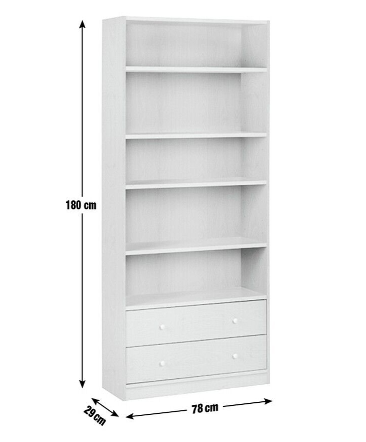 Maine 5 Shelf Bookcase With 2 Drawers Storage Unit Display Cabinet - White