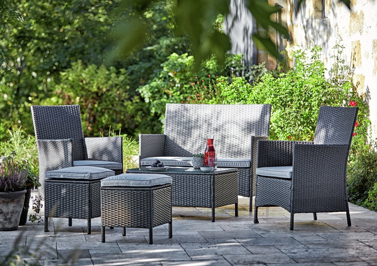 Home 6 Seater Rattan Effect Garden Sofa Set- Dark Grey | Outdoor Patio Furniture