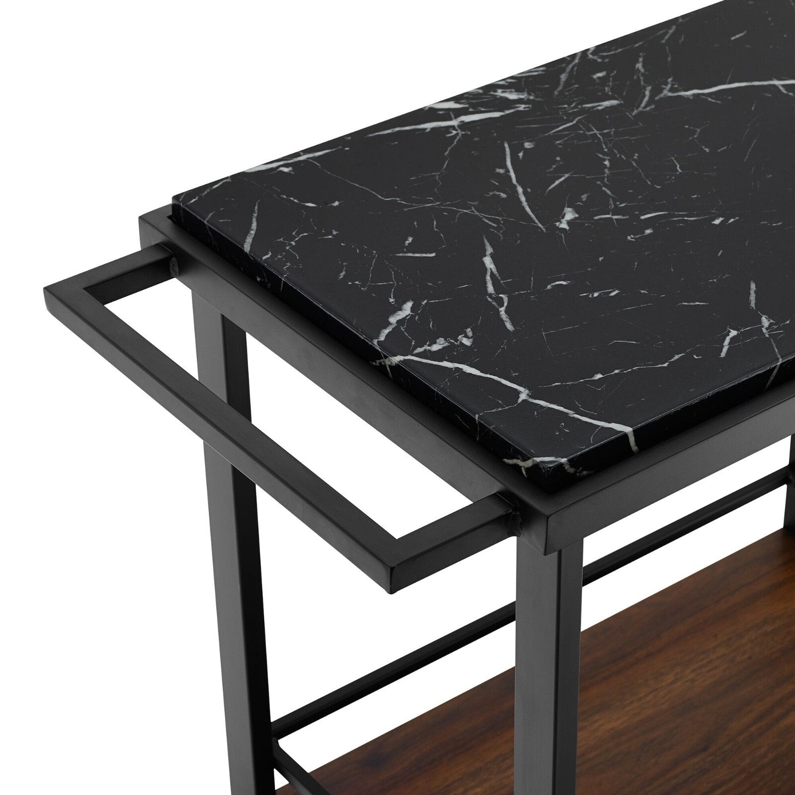 34 Inch Modern Industrial Bar Serving Cart - Black Marble/Dark Walnut