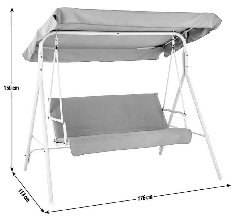 Home 3 Seater Metal Garden Swing Chair Grey | Outdoor Patio Hanging Bench Seat