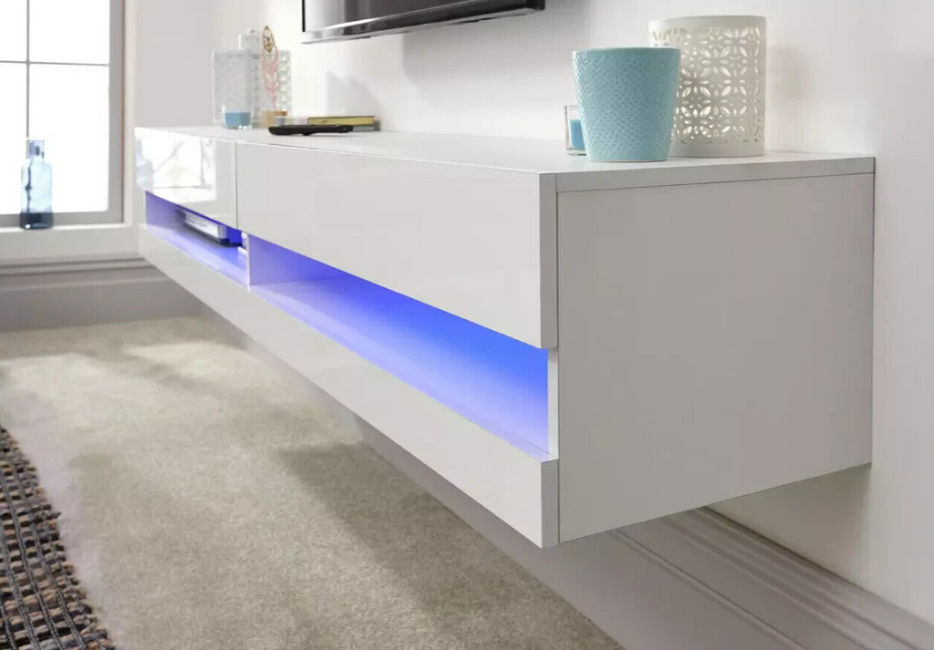 GFW Galicia 150cm LED Wall TV Unit - White | White Floating TV Cabinet Modern LE