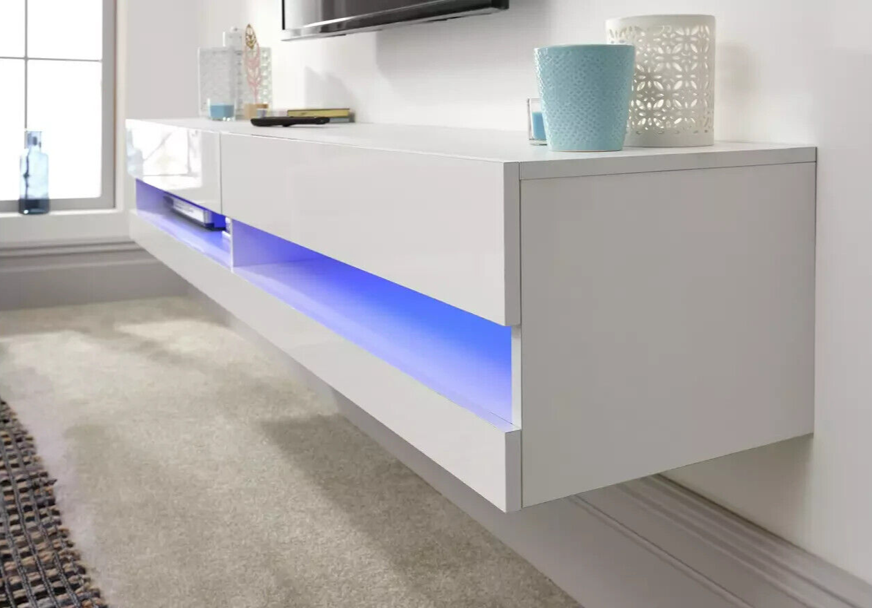 GFW Galicia 150cm LED Wall TV Unit - White | White Floating TV Cabinet Modern LE